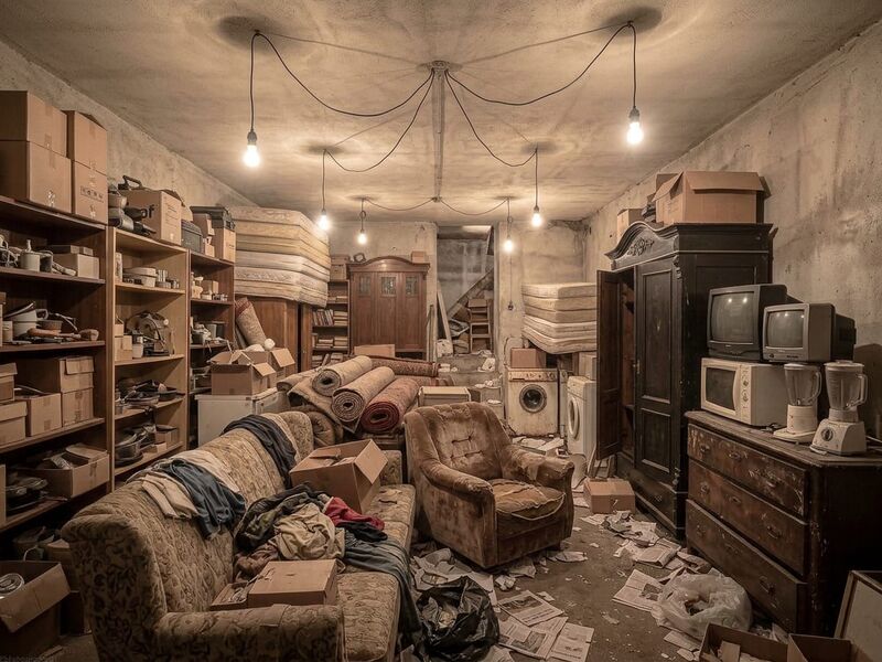 Kellerabteil mit Kisten und Büchern in einem Altbau am Alsergrund