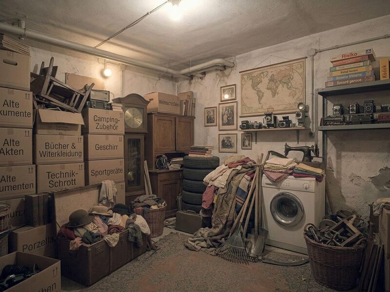 Zelte, Schlafsäcke und Campingmöbel im Keller eines Hauses in Wiesen