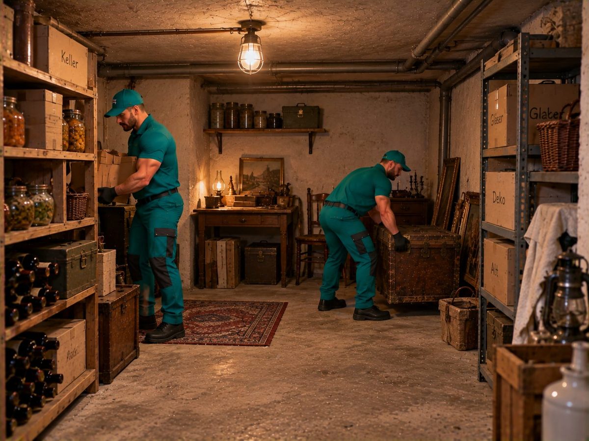 Zwei Mitarbeiter in grüner Arbeitskleidung räumen ein Kellerabteil mit Regalen voller Einmachgläser und alten Truhen