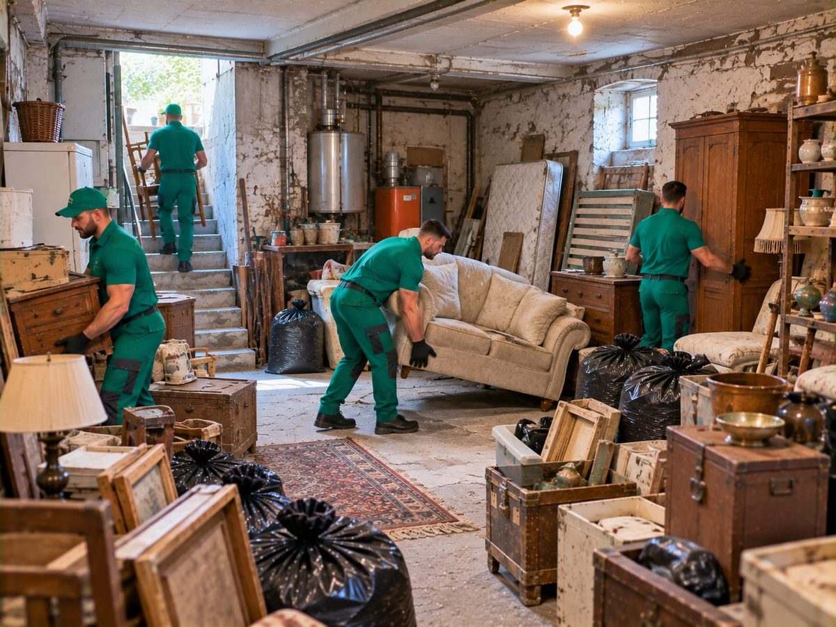 Drei Mitarbeiter in grüner Arbeitskleidung tragen ein Sofa und Kisten aus einem Keller die Stiege hinauf