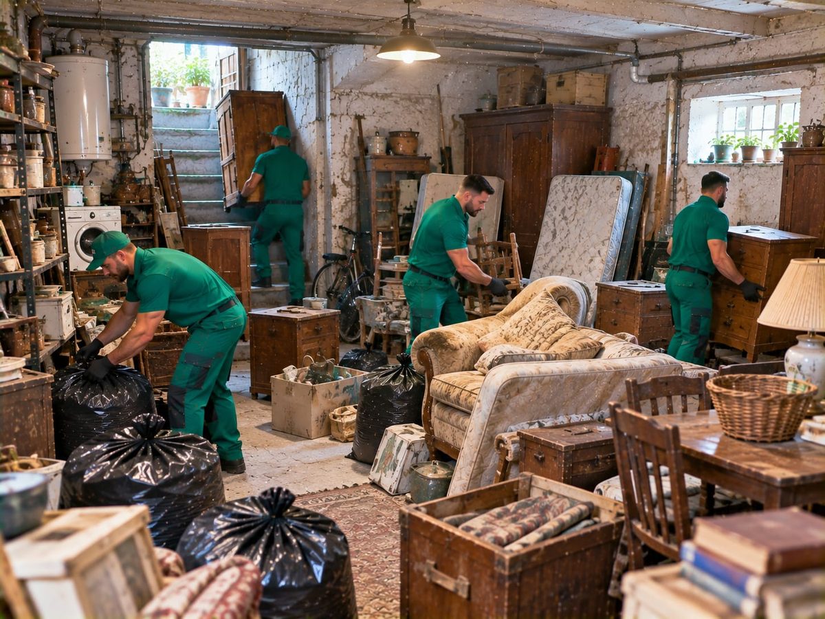 Drei Mitarbeiter in grüner Arbeitskleidung tragen Möbel und Säcke aus einem vollgestellten Keller