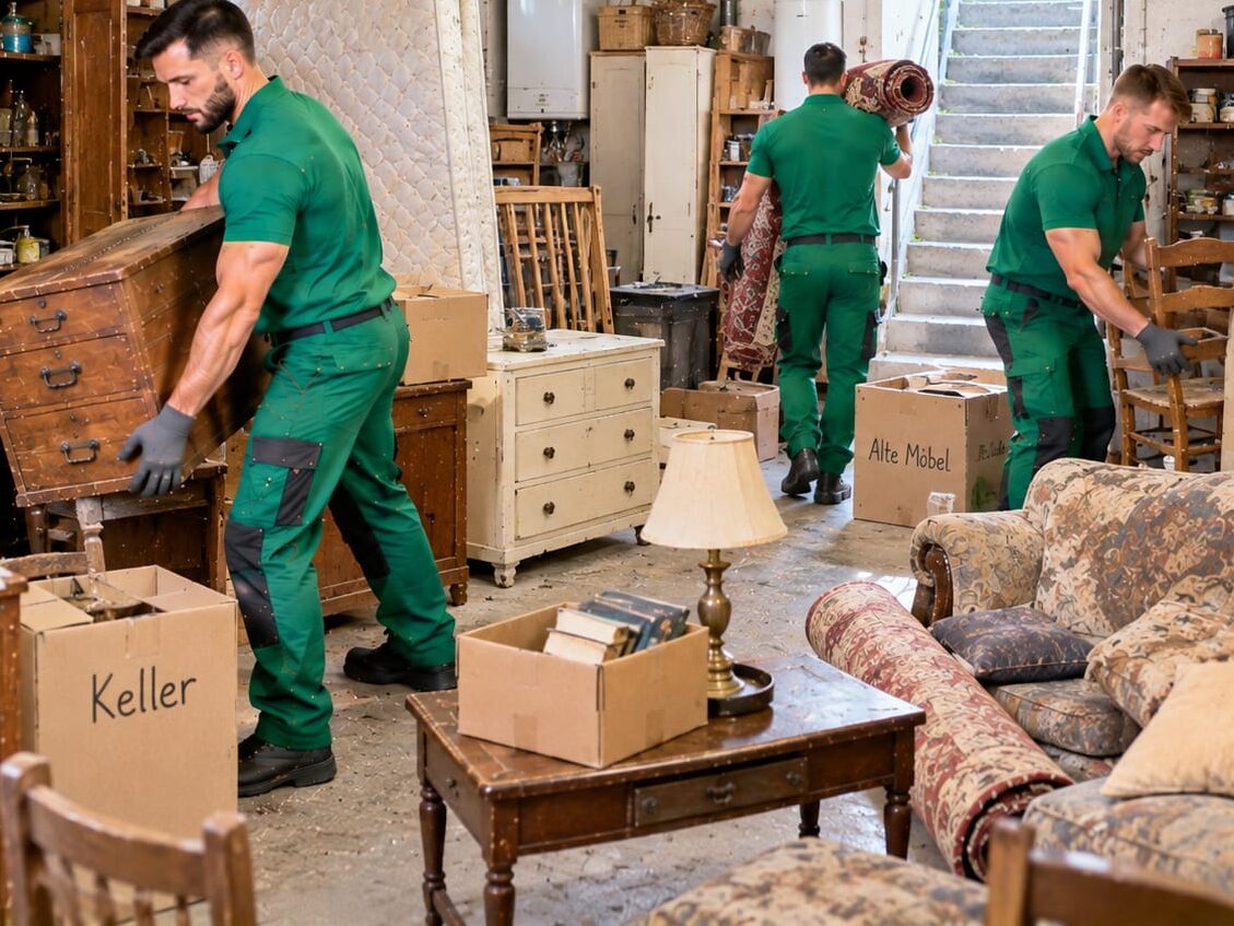 Team in grüner Arbeitskleidung räumt alte Möbel aus einem vollgestellten Keller