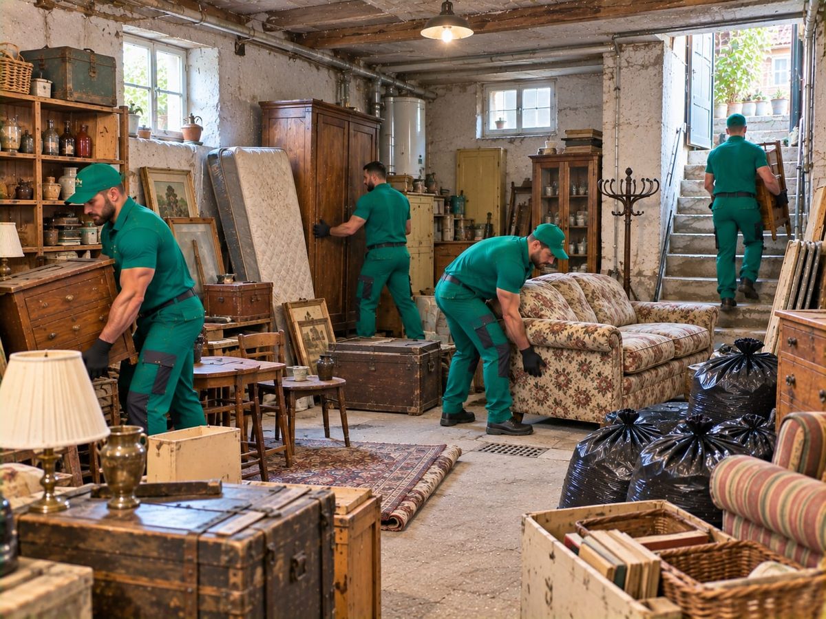 Drei Mitarbeiter in grüner Arbeitskleidung tragen Sessel und Kisten aus einem hellen, vollgestellten Keller