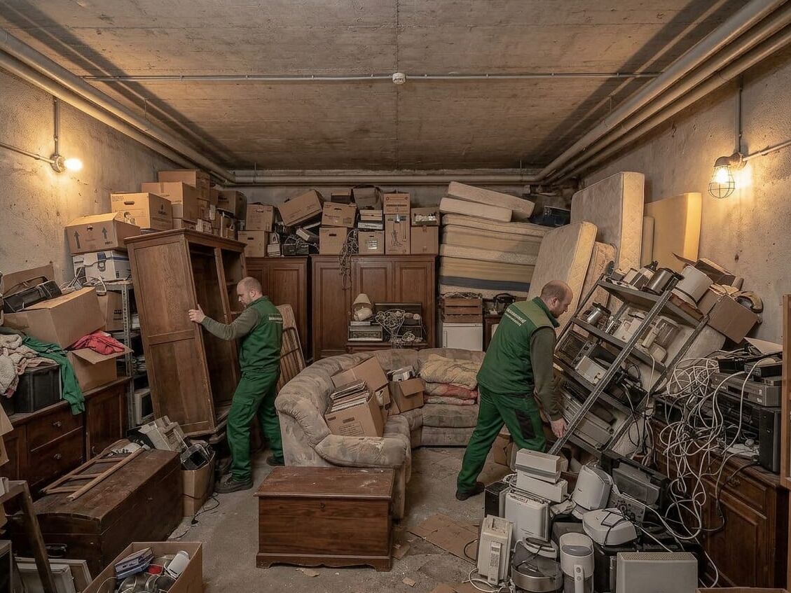 Zwei Männer in grüner Arbeitskleidung räumen einen vollen Keller mit Kästen, Sofa, Matratzen, Kartons und alten Elektrogeräten