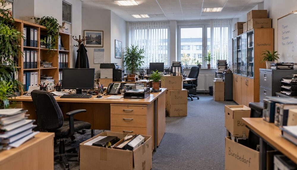 Büro mit Schreibtischen, Regalen und gepackten Kartons