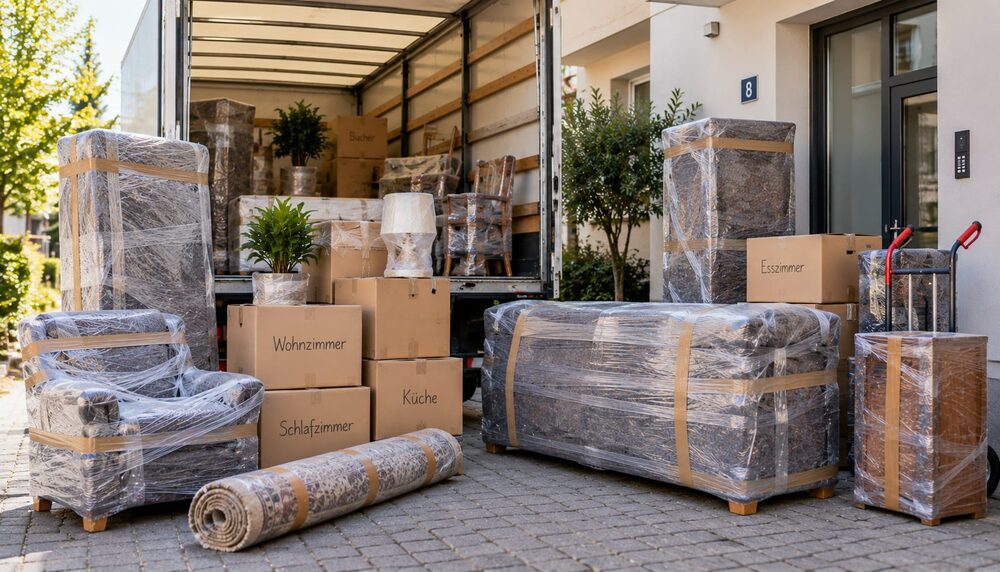 Beladener Umzugswagen mit verpackten Möbeln und Kartons