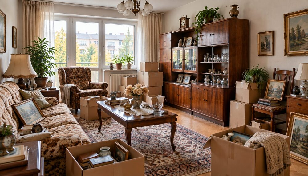 Wohnzimmer mit Möbeln und Umzugskartons vor der Räumung