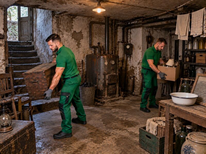 Regen beim Verladen vor einem Altstadthaus in Ybbs an der Donau