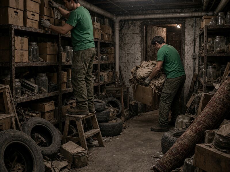 Zwei Mitarbeiter räumen Kartons und Reifen aus einem Kellerraum im Burgenland