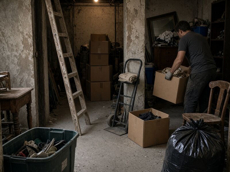 Mitarbeiter räumt Kartons aus einem Kellerabteil in einem Wiener Altbau